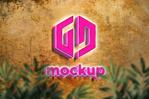 Download Neon Logo Mockup Behind the Green Leaves - Neon logo mockup Collection